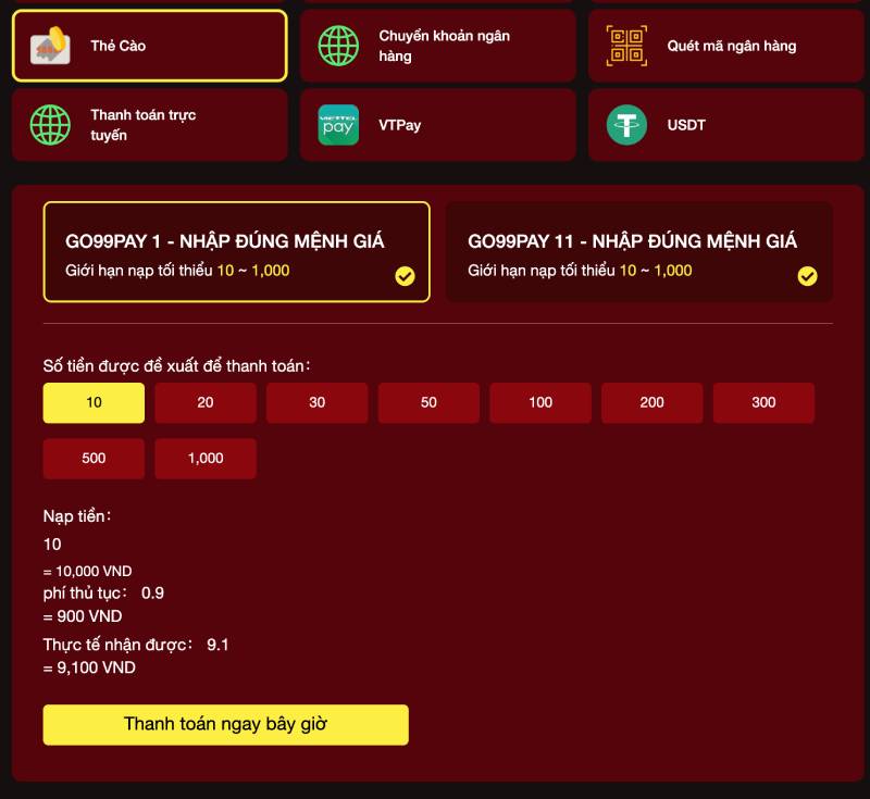 Hướng Dẫn Nạp Tiền Go99 Chi Tiết Và An Toàn Cho Newbie 3 Nạp bằng thẻ cào