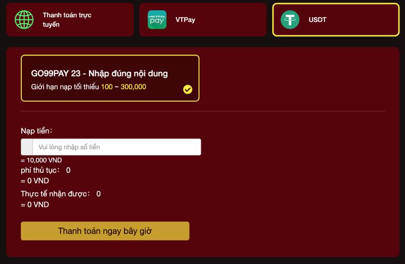 Hướng Dẫn Nạp Tiền Go99 Chi Tiết Và An Toàn Cho Newbie 5 Nạp qua USDT (tiền điện tử)